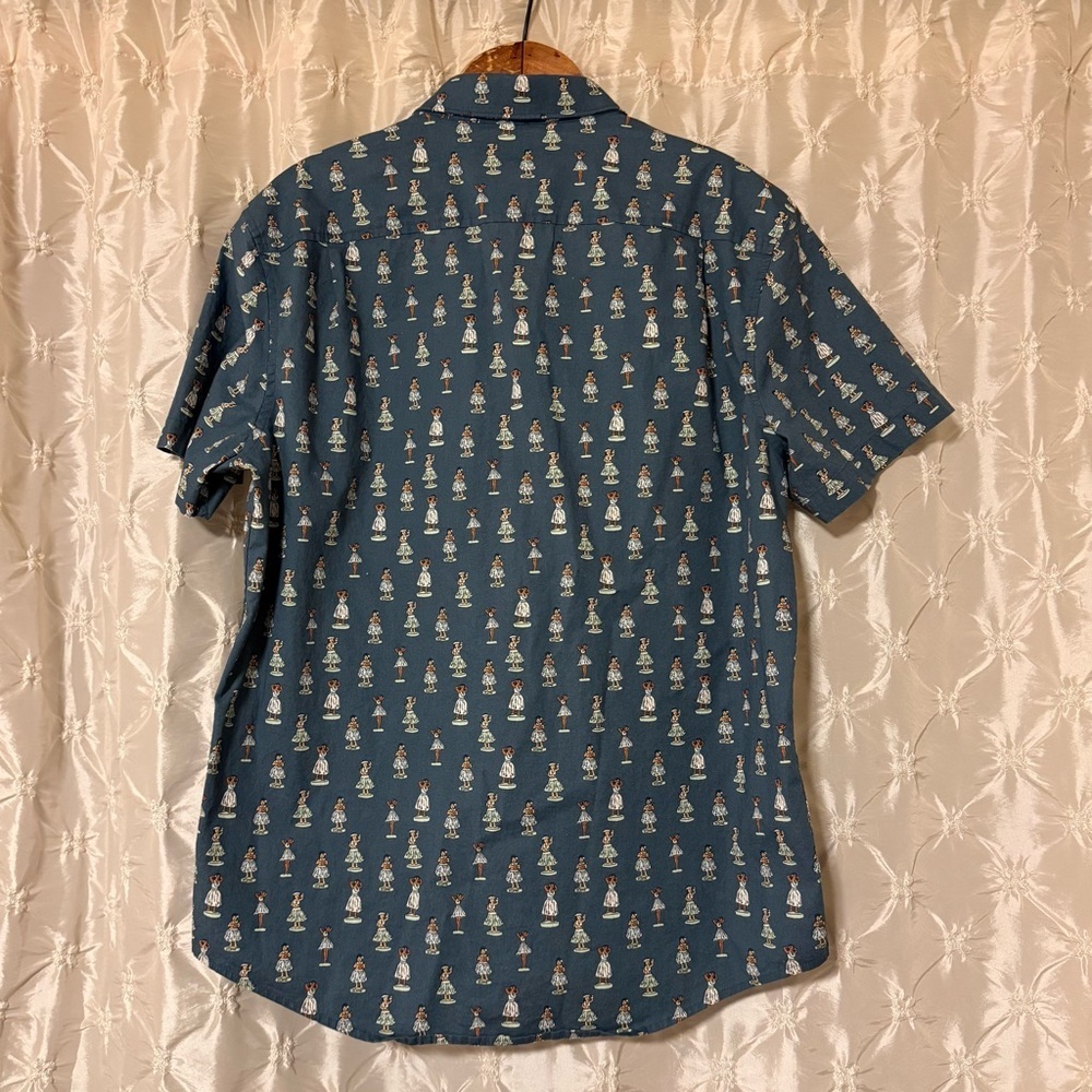 Penguin Blue Hula Dancer Patterned Short Sleeve Button Front Collared Shirt Mens - Picture 2 of 11